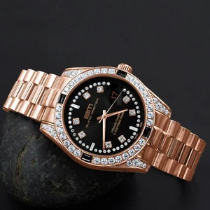 Solid Steel 18K Rose Gold Black Dial Simulated Diamond Mens President Watch 40mm - Picture 1 of 5