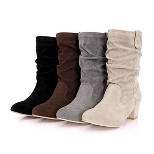 New Fashion Lady Mid-Calf Boots Slouch Suede Down Block Heel Shoes Pull On - Picture 1 of 1