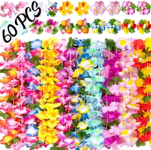 60 Pieces Hawaiian Luau Leis - Tropical Tiki Hibiscus Flowers for Summer Pool Pa - Picture 1 of 12