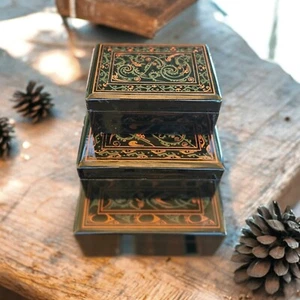 Vintage 70's Japanese Black Lacquered Decorative Nesting Boxes x3 Red Interior  - Bild 1 von 4