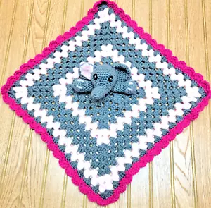 Elephant Lovey Crocheted Security Blanket Grey and Pink Hand Made Blankie - Picture 1 of 7