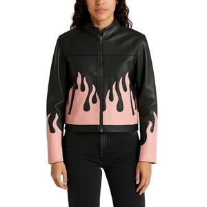 VTG Diamond Plate Womens Large Faux Leather Jacket Black Pink Flame Moto Biker D - Picture 1 of 13