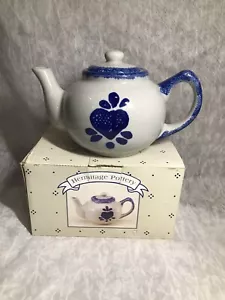 1997 Hermitage Pottery Antique Flow Blue Spongeware Teapot Limited Edition - Picture 1 of 10