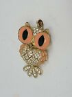 Owl Necklace Pendant Gold Tone Peach Rhinestones