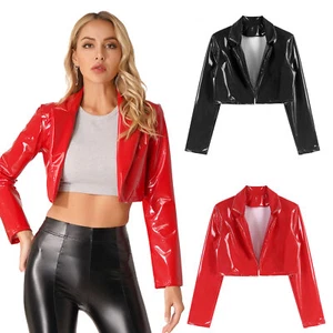 UK Ladies Faux Leather Jacket Moto Biker Coat Long Sleeve Cropped Bolero Tops - Picture 1 of 32