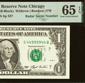 1993 $1 Federal Reserve Note PMG 65EPQ fancy radar serial number 44999944 - Picture 1 of 3