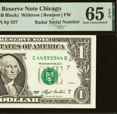 1993 $1 Federal Reserve Note PMG 65EPQ fancy radar serial number 44999944 - Image 1 of 3