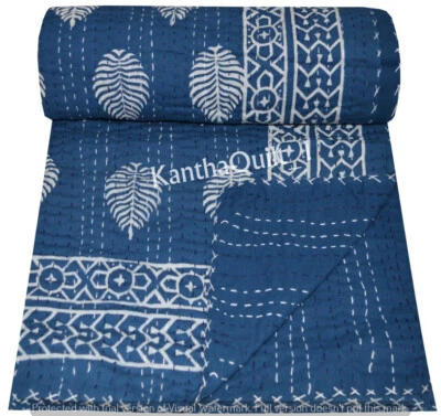 Indian Cotton Hand Block Leaf Art Kantha Bedspread Handmade Quilt Throw Blanket - Image 1 of 4