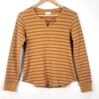 Top térmico Columbia para mujer pequeño manga larga cuello en V marrón a rayas al aire libre Foto 1 de 4