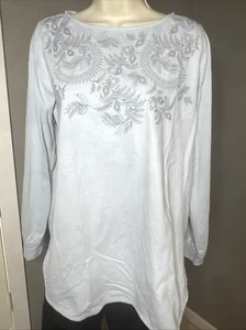 J Jill Pure Jill Top Womens MEDIUM Gray Embroidered Neckline Tunic Cotton Blouse - Picture 1 of 9