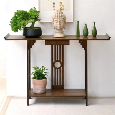Narrow Console Table Japanese Style Entryway Table Walnut Bamboo Hallway Table - Image 1 of 4