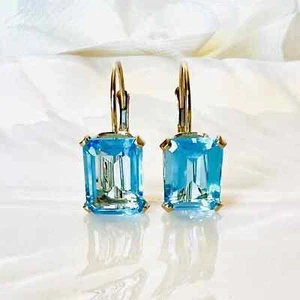 3.00Ct Emerald Cut Simulated Blue Topaz Drop Hoop Earring 14K Yellow Gold Plated - Picture 1 of 7