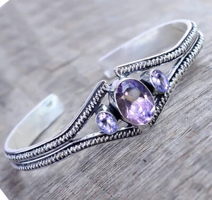 Faceted Oval Cut Amethyst Gemstone Bracelet 925 Sterling Silver Cuff Bangle-ss1 - Picture 1 of 6