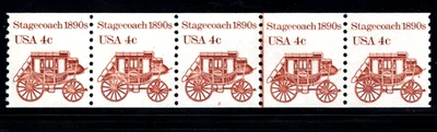 Stamp USA 4¢ Stagecoach 1890s - Plate #2 Coil Strips of 5 MNH stamps - SC#1898a - Image 1 of 2
