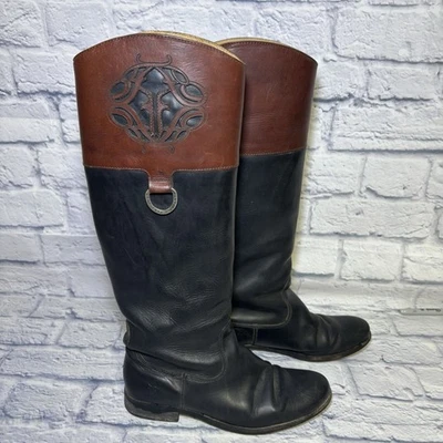 Botas Frye Mujer Melissa Cuero Negro Alto Logo Monograma 76436 Talla 8 B Foto 1 de 4