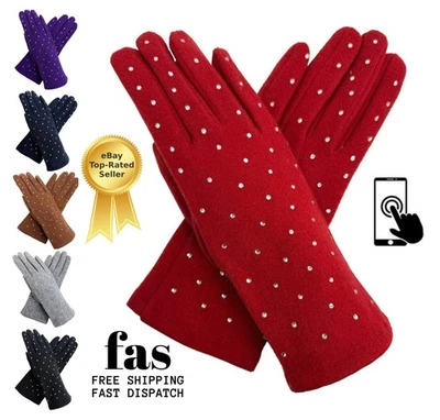 Women's Luxury Fashion Gloves Fleece Soft Winter Warm Rhinestone Detail New - Image 1 of 2