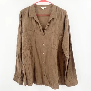 EILEEN FISHER Button Down Shirt Size Medium NEW Organic Cotton Gauzy Brown NWOT - Picture 1 of 11