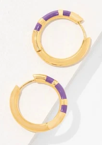 New Talbots Enamel Stripe Hoop Earrings Pretty Plum Gold Tone Huggle Closure - Picture 1 of 2