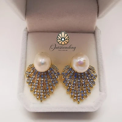 Genuine Huge 9.5mm Natural Seawater White Pearl Stud Earrings 9ct Gold Filled - Image 1 of 4
