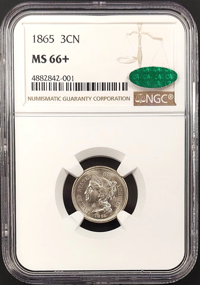 1865 Three Cent piece, nickel composition, graded MS 66 + by NGC & CAC! - Image 1 of 4