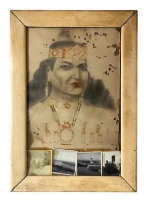 Mujer artística nativa americana original con diadema ropa Powwow e instantáneas antiguas Foto 1 de 4