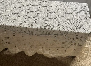 Hand Crocheted Square Tablecloth 45” x 45” Ecru - Picture 1 of 5