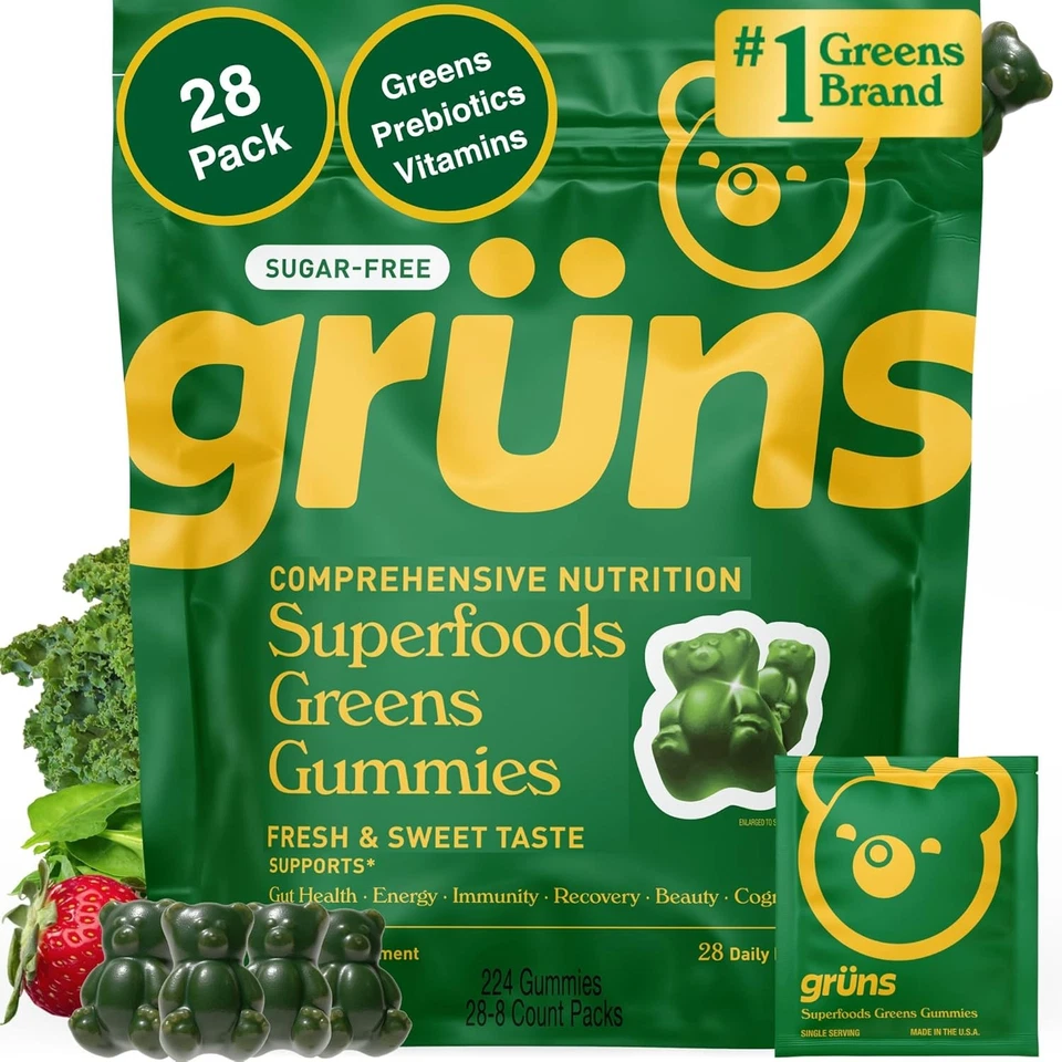 Gruns Adultos Super Verdes Gomitas, SIN AZÚCAR Superalimento Osos Gominolas 28 Paquetes Foto 1 de 1