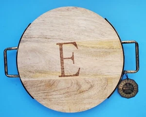 14” ROUND MONOGRAM INITIAL E MANGO WOOD TRAY METAL HANDLES RUSTIC FARMHOUSE NEW - Picture 1 of 4