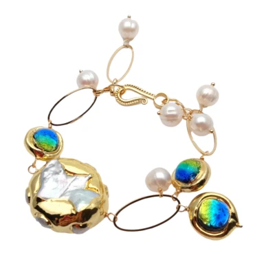 Freshwater Cultured White Keshi Pearl Blue Murano GlassBracelet 8" - Image 1 of 4