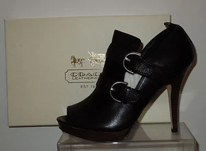 NIB Coach Q643 Alexia Black Leather Peep Toe Platform Stiletto Booties 7.5M - Picture 1 of 7