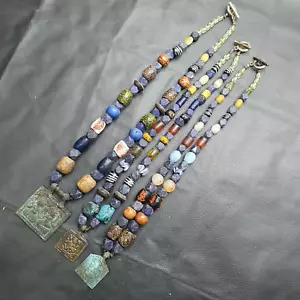 Classic stunning Lot 3 Vintage Lapis & Glass Beaded Necklaces With Old Pendants - Picture 1 of 9