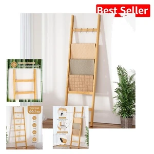 Multi-Functional Bamboo Ladder Rack with 4 Hooks for Towels and Clothes - Picture 1 of 10