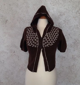 Cute Brown and White SO Hooded Sweater Short Sleeve Hoodie Cardigan - Picture 1 of 5