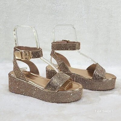 Flashy Rose Gold Ankle Strap Sparkling Rhinestone Wedge 2" Platform Sandals - Image 1 of 3