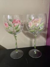 2 Block Basics Handmade Pink Rose Wine Glasses 8.5”