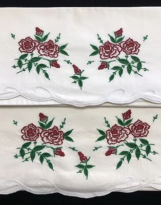 Pair Red Rose Floral Shabby Chic Style Standard Vintage Pillowcases (RF688) - Image 1 of 4