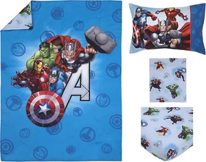 Avengers Toddler Cot Bed 4pc Comforter Quilt Sheet Set Boys Hulk Iron Man Blue - Picture 1 of 8