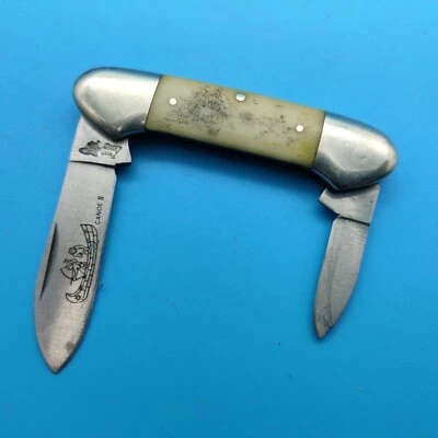 Frost Japan Etched Sail Ship Design Pocket Knife Canoe II Scrimshaw - Image 1 of 4