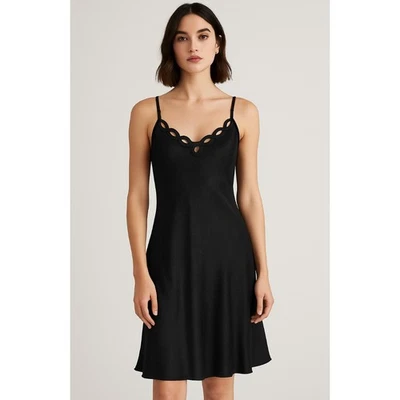 Camisón vintage de seda negro Natori vestido sin mangas ribete festoneado talla mediana Foto 1 de 4