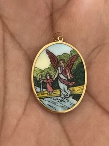 Vintage 19,2 Kt Gelbgold Porzellan Schutzengel Anhänger (K7) - Bild 1 von 8