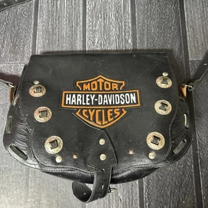 Vintage Harley Davidson Over Shoulder Schwarz Leder Handtasche Schultergurt Biker - Bild 1 von 6