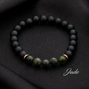 Natural 8mm Black Onyx Green Jade Stone Beaded Bracelet for Confidence Strength - Picture 1 of 2