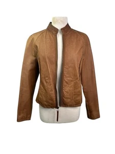 Wilsons Leather Womens Tan Jacket Lg Zip Front Vtg Y2K Grunge Bomber Biker Moto - Picture 1 of 14