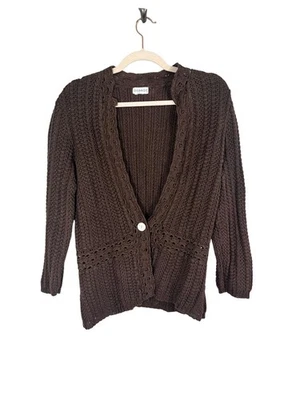 Retro Knit Sweater M Brown Floral Scalloped Classic Boho Western Hippie Indie - Image 1 of 4