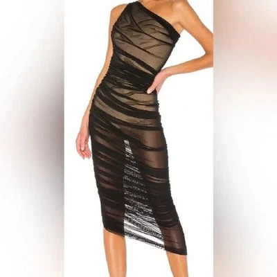 Vestido midi Norma Kamali Diana acanalado de un hombro malla negra transparente pequeño nuevo con etiquetas Foto 1 de 4