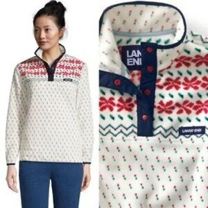 LANDS END Heritage Fleece Poinsettia Fair Isle Pullover Youth Med (10-12) NWT - Picture 1 of 11