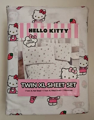 Hello Kitty Twin XL Sheet Set Strawberry Milkshake Drink Cat Pink Overalls Cotto - Image 1 of 4