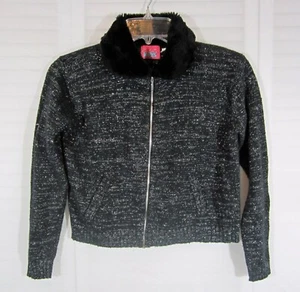 Rachel's Kids Girls Black Silver Shimmer Faux Fur Collar Zip Sweater Sz M - Picture 1 of 6