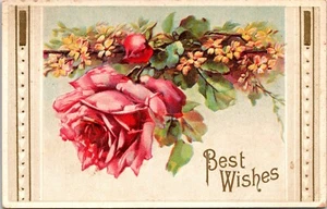 Postal vintage en relieve Best Wishes rojo rosa amarillo flores principios de 1900 - Imagen 1 de 2
