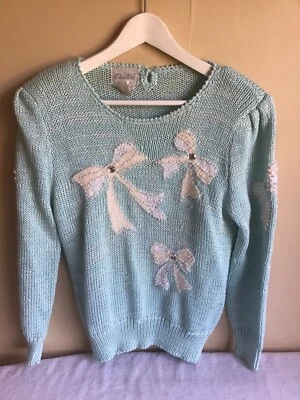 复古 Christine 女式浅蓝色串珠水钻蝴蝶结长袖毛衣 — 第 1/4 张图片